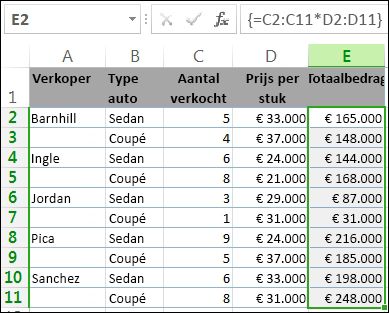 De totalen in kolom E worden berekend met een matrixformule