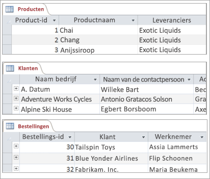 Fragmenten van product-, klanten- en ordertabellen