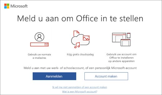 Hiermee wordt de pagina 'Meld u aan om Office in te stellen' getoond die kan worden weergegeven nadat u Office hebt geïnstalleerd