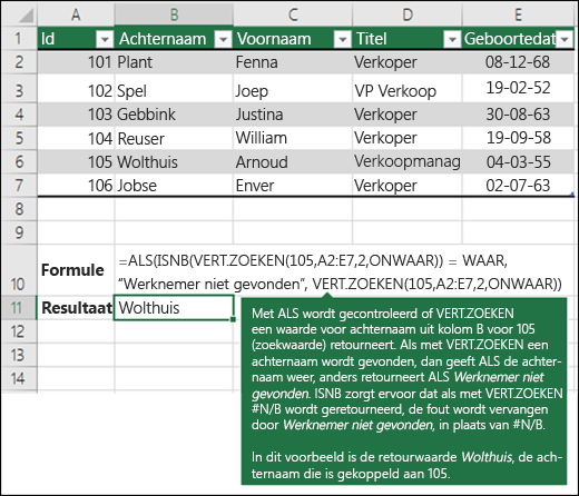 ALS(ISNA(VERT.ZOEKEN(105,A2:E7,2,ONWAAR))=WAAR,"Werknemer niet gevonden",VERT.ZOEKEN(105,A2:E7,2,ONWAAR))



ALS controleert of VERT.ZOEKEN een waarde retourneert voor achternaam uit kolom B voor 105 (lookup_value). Als VERT.ZOEKEN een achternaam vindt, wordt in ALS de achternaam weergegeven, anders retourneert ALS Werknemer niet gevonden. ISNB zorgt ervoor dat als VERT.ZOEKEN #N/A retourneert, vervolgens de fout wordt vervangen door Werknemer niet gevonden, in plaats van #N/A.



In dit voorbeeld is de retourwaarde Burke, de achternaam die overeenkomt met 105.