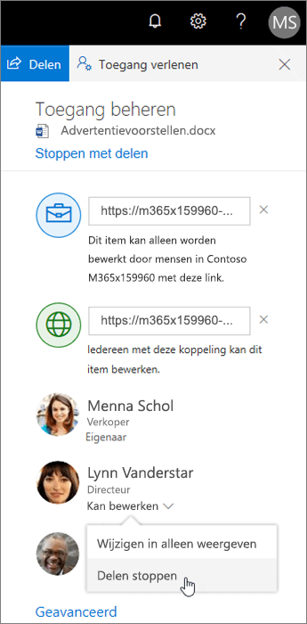 Delen wijzigen of stoppen in OneDrive