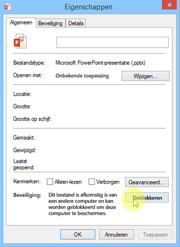 Het dialoogvenster Eigenschappen met de Opdrachtblokkering opheffen