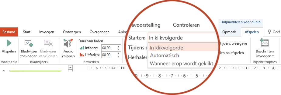 De afspeelopties voor een video van uw pc zijn: In klikvolgorde, Automatisch of Wanneer erop wordt geklikt