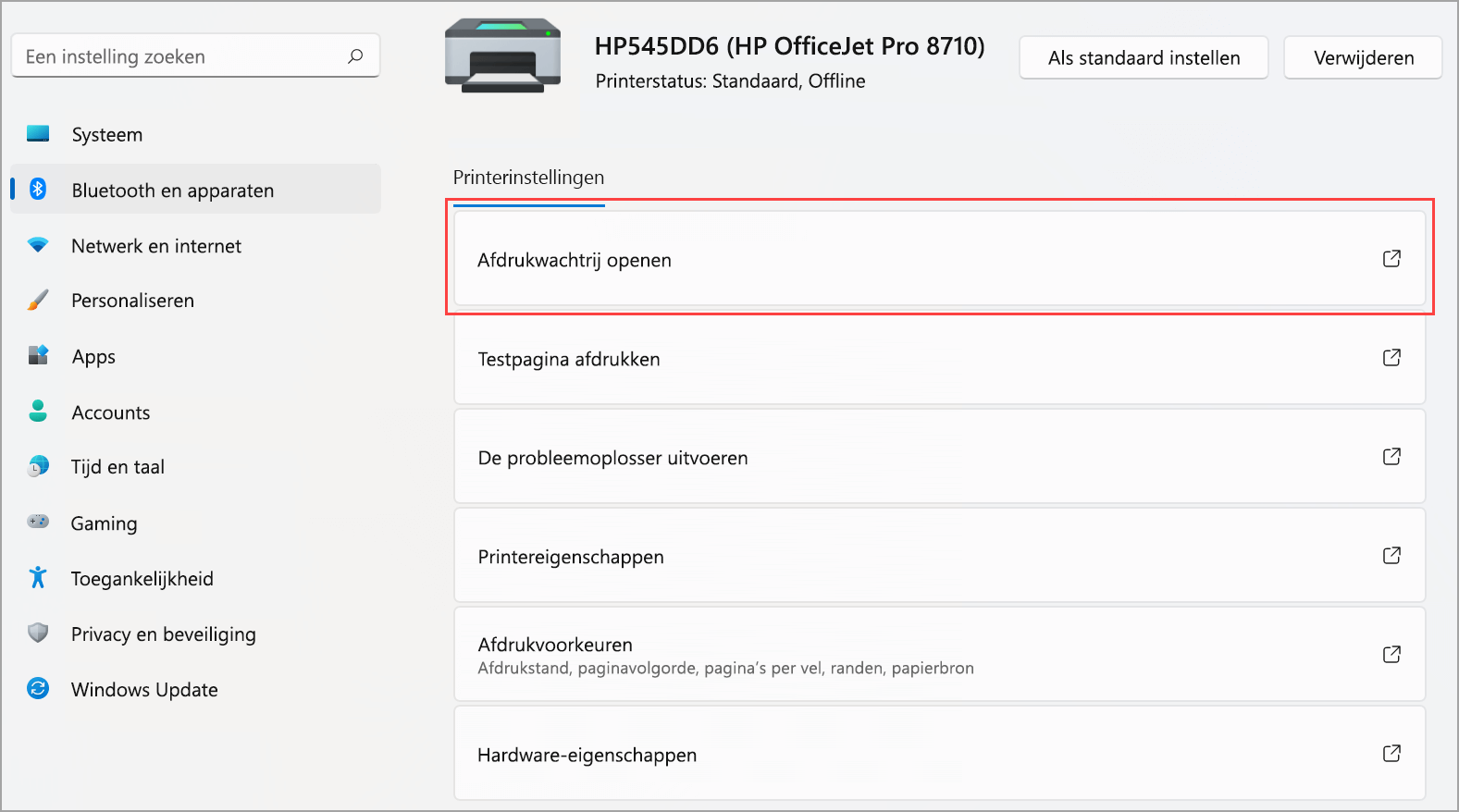 Waar kunt u de afdrukwachtrij openen voor uw printer vinden in Windows 11-instellingen. 