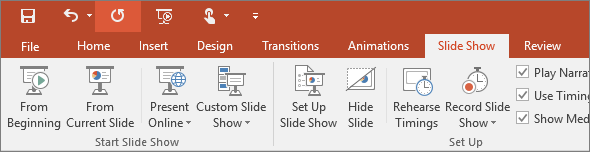 Hiermee wordt het tabblad Diavoorstelling op het lint in PowerPoint weergegeven