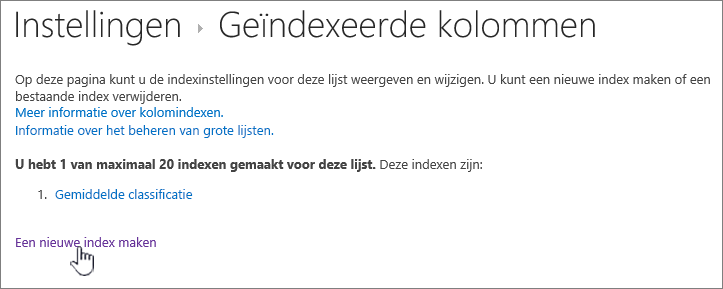 Pagina Geïndexeerde kolommen met een nieuwe index maken gemarkeerd