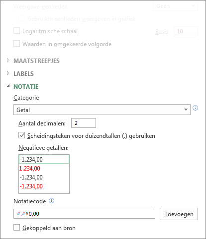 Opties voor het opmaken van getallen op de waardeas