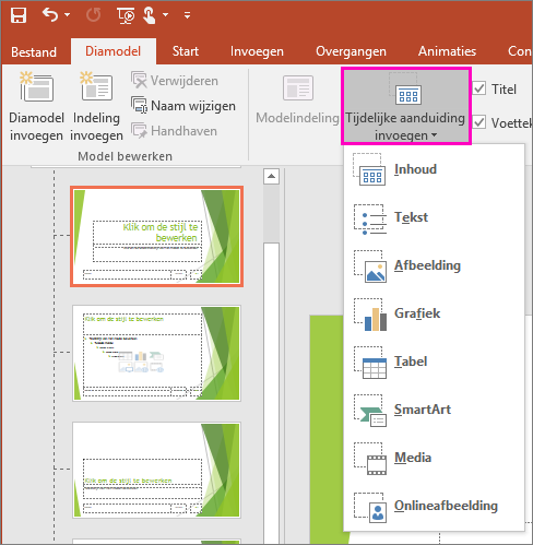 Hiermee wordt de knop Tijdelijke aanduiding invoegen weergegeven in de Diamodelweergave in PowerPoint