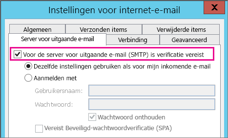 Kies Voor de uitgaande server is verificatie vereist.