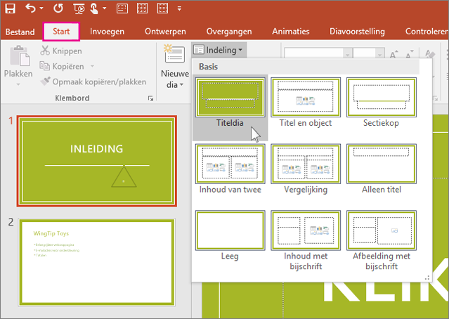 PowerPoint-dia-indelingen
