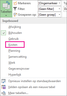 Optie Planning in het menu Tabellen