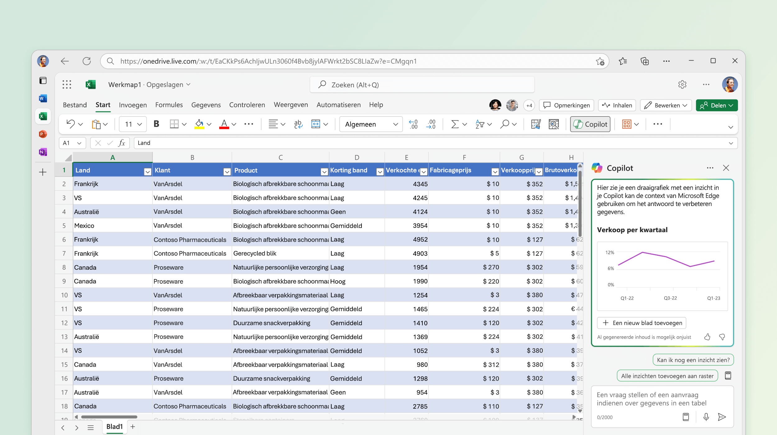 Schermopname van Copilot in Excel waarin inzichten uit bestaande gegevens worden geïdentificeerd.