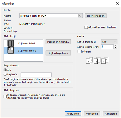 Afdrukopties in het dialoogvenster Afdrukken van Outlook