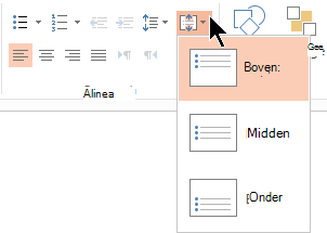 In het menu Tekst uitlijnen op het lint kunt u bepalen of tekst verticaal wordt uitgelijnd aan de boven- of onderkant van de container, of verticaal in het midden wordt gecentreerd.