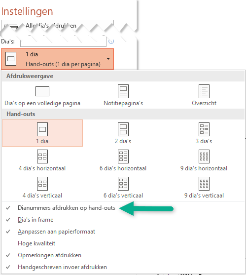 Dianummers afdrukken op Hand-outs.