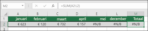 Voorbeeld van #N/B ingevoerd in cellen, waardoor een SOM-formule niet correct wordt berekend.