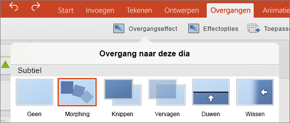 Toont de Morphing-overgang in het menu Overgangen in PowerPoint 2016 voor iPad