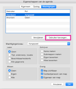 Knop Gebruiker toevoegen op het tabblad Agendamachtigingen