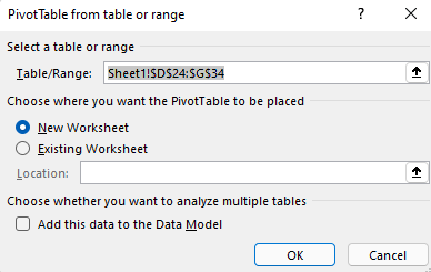 Creatie dialoogvenster Draaitabel in Excel voor Windows met het geselecteerde celbereik en de standaardopties.