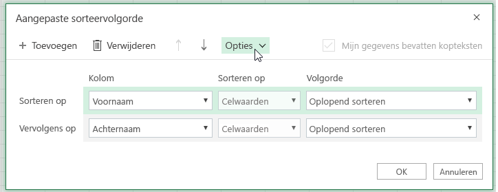 Dialoogvenster aangepaste sorteeropties met het keuzerondje geselecteerd