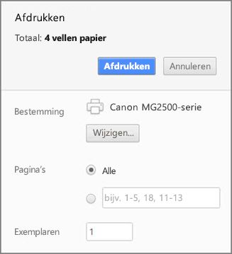 Opties in het afdrukvenster van Chrome