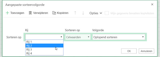 De vervolgkeuzelijst onder Rij in het dialoogvenster Aangepast sorteren is geopend wanneer u van links naar rechts sorteren selecteert