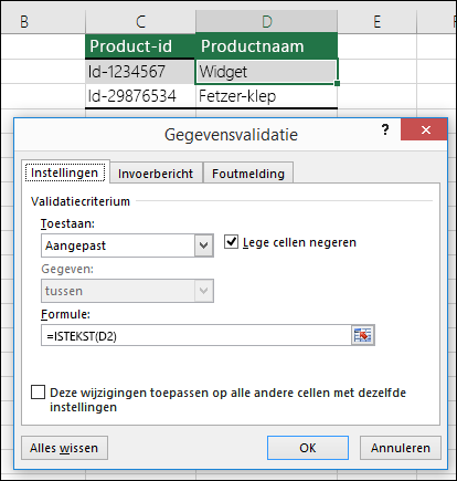 Voorbeeld 2: Formules in gegevensvalidatie