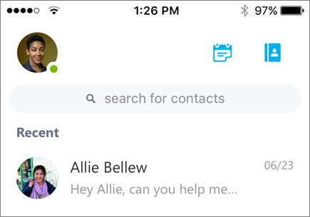 Een screenshot toont recente gesprekken in Skype voor Bedrijven voor iOS.