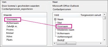 een kolom van excel toewijzen aan een outlook-contactgegevensveld