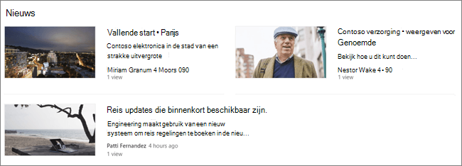 Screencap van het webonderdeel Nieuws van een SharePoint site, waar berichten zijn gefilterd