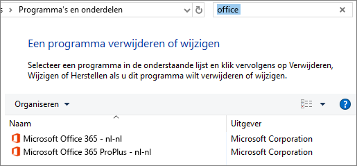 Toont twee geïnstalleerde exemplaren van Office in het Configuratiescherm