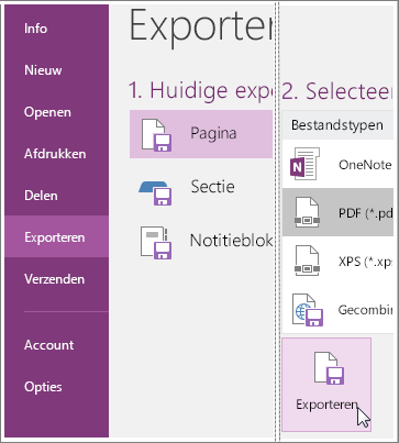 Schermafbeelding van het exporteren van een pagina met notities in OneNote 2016.