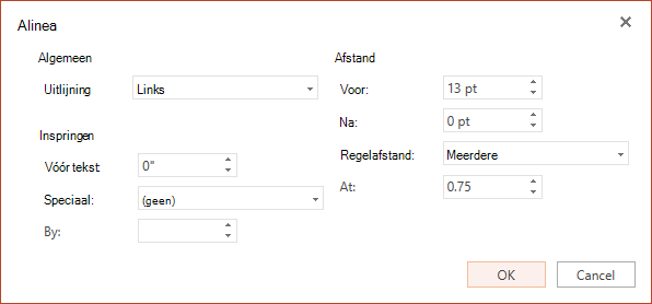 Het dialoogvenster Alinea bevat opties voor het instellen van horizontale uitlijning, inspringing in de linkermarge en regelafstand.