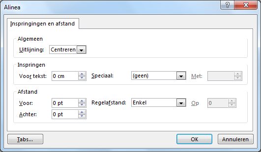 Dialoogvenster Alinea in PowerPoint
