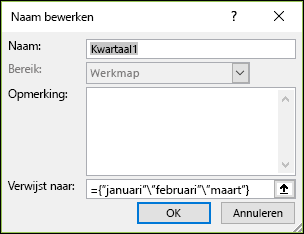 Een benoemde matrixconstante uit Formules > Gedefinieerde namen > Naambeheer > Nieuw