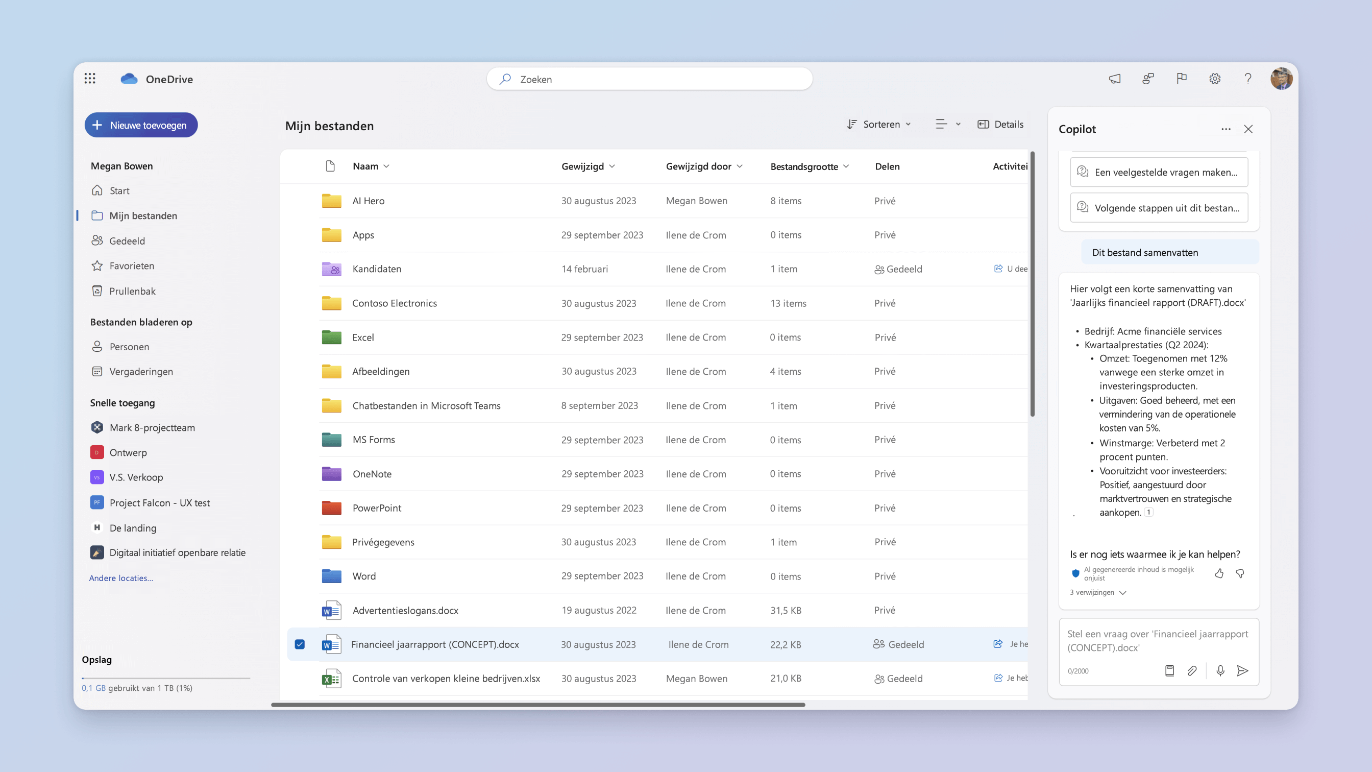 Schermopname van de functie Vragen over OneDrive-bestanden voor Copilot