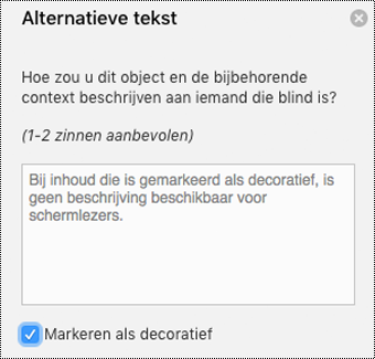 Markeren als Decoratief selectievakje is ingeschakeld in Word voor Mac deelvenster alternatieve tekst.