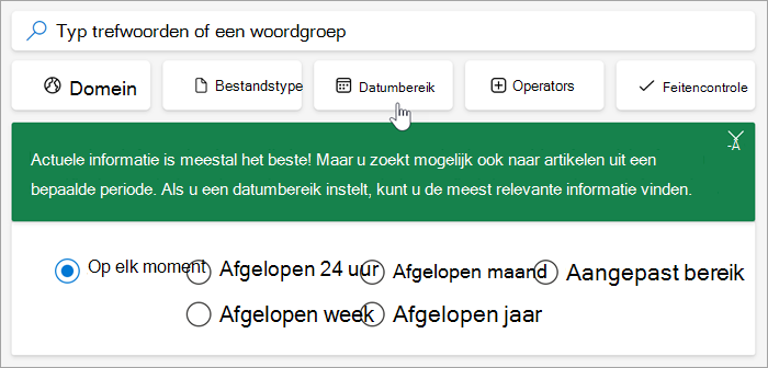 Schermopname van de opties voor het datumbereik: afgelopen 24 uur, afgelopen week, afgelopen maand, afgelopen jaar, aangepast bereik