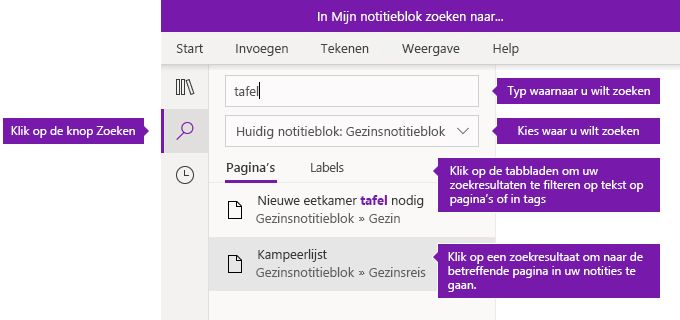 Zoekvensteropties in OneNote voor Windows 10