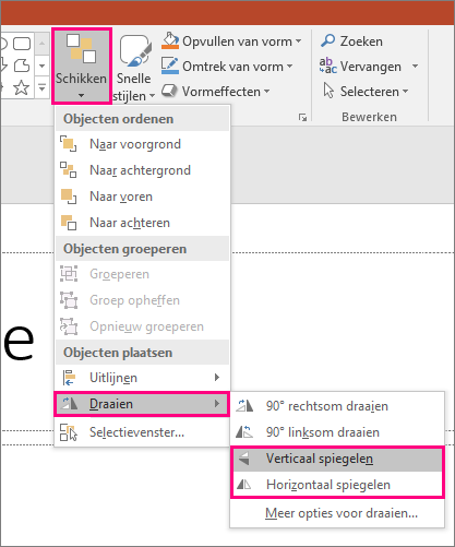 De opties Rangschikken > Draaien > Spiegelen in PowerPoint.