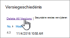 Het dialoogvenster Versie waarin Alle versies verwijderen is gemarkeerd