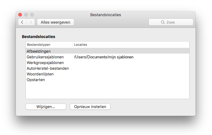 schermafbeelding van het voorkeursvenster Bestandslocaties van Microsoft Word
