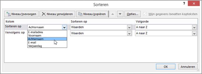 Klik onder Kolom op Sorteren op en kies een optie
