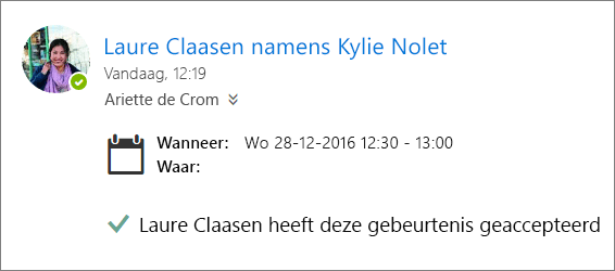 Een schermafbeelding van een uitnodiging voor een vergadering die is geaccepteerd door een gedelegeerde.