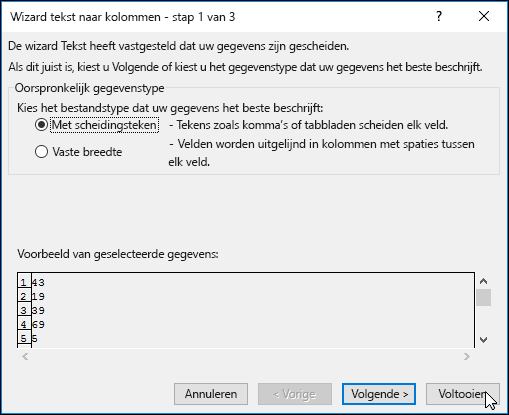 Afbeelding van het dialoogvenster Gegevens > tekst naar kolommen