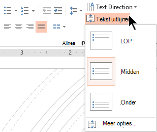 In het menu Tekst uitlijnen op het lint kunt u bepalen of tekst verticaal wordt uitgelijnd aan de boven- of onderkant van de container, of verticaal in het midden wordt gecentreerd.