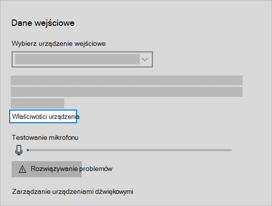 Link właściwości urządzenia wejściowego dźwięku w menu dźwięku