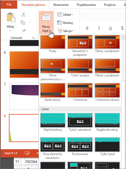 Kliknij strzałkę obok przycisku Nowy slajd, aby wyświetlić wybór wzorców