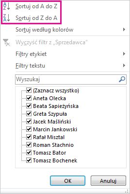 Przyciski sortowania