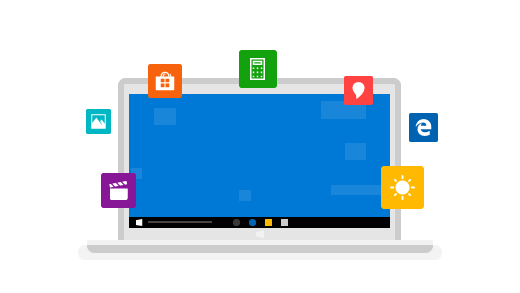 Laptop otoczony ikonami najważniejszych funkcji systemu Windows 10